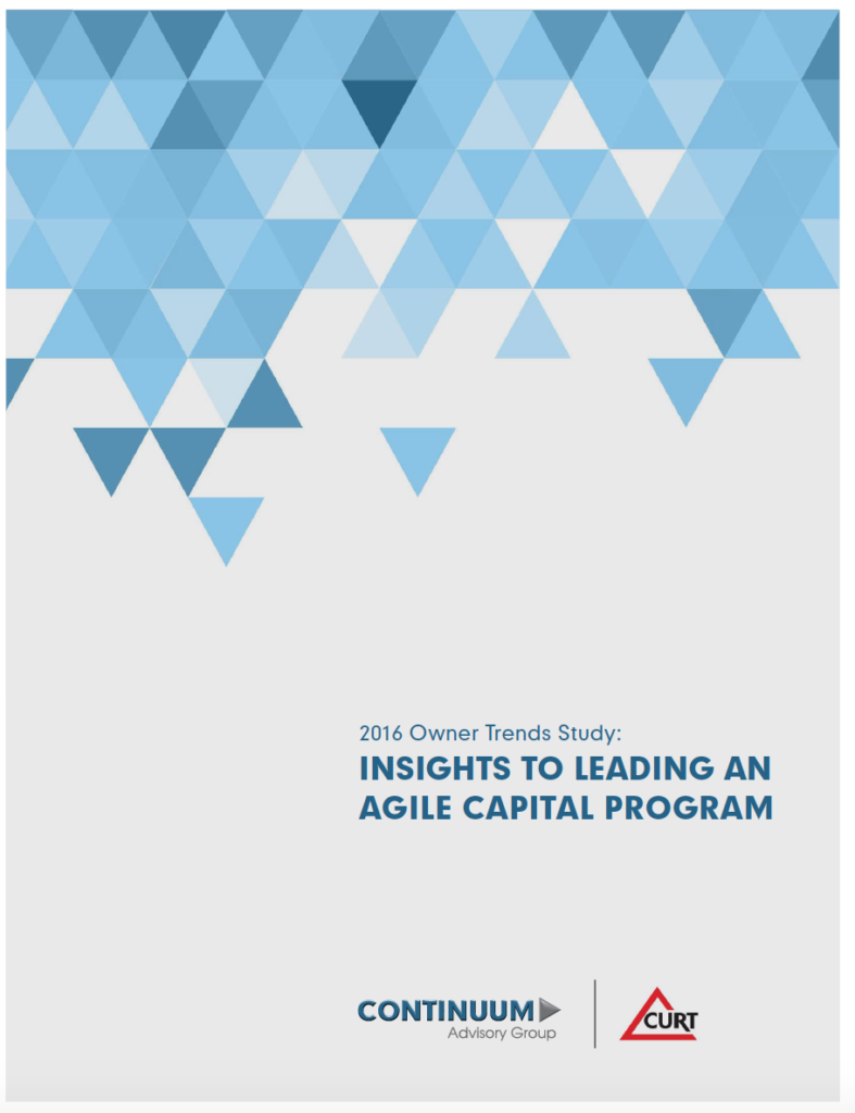 Continuum Advisory Group has released the 2016 Construction Users Roundtable (CURT) Owner Trends Study, the newest installment of their Owner Trends series.
The study – a collaboration between both organizations – focuses on organizational agility in the capital construction industry. Organizational agility is a measure of a company’s ability to rapidly adapt to a changing market, either proactively or reactively.