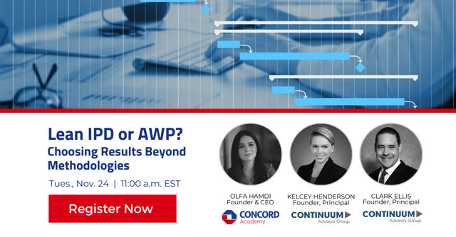 Many organizations are making the decision to invest in Lean Integrated Project Delivery (Lean IPD) and/or Advanced Work Packaging (AWP), but you don’t have to choose between the two. In this webinar Kelcey Henderson, President of Continuum Advisory Group, Clark Ellis, Principal of Continuum Advisory Group, and Olfa Hamdi, CEO of Concord Project Technologies, Inc. compare and contrast these popular project planning and delivery methodologies.